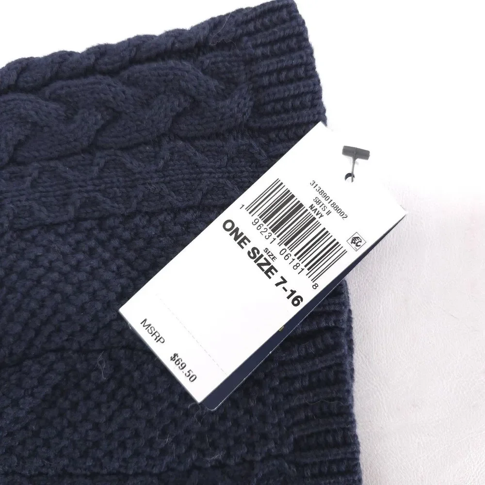 POLO RALPH LAUREN New Beanie One Size 7-16 Navy Blue Aran Cable Knit Embroidered